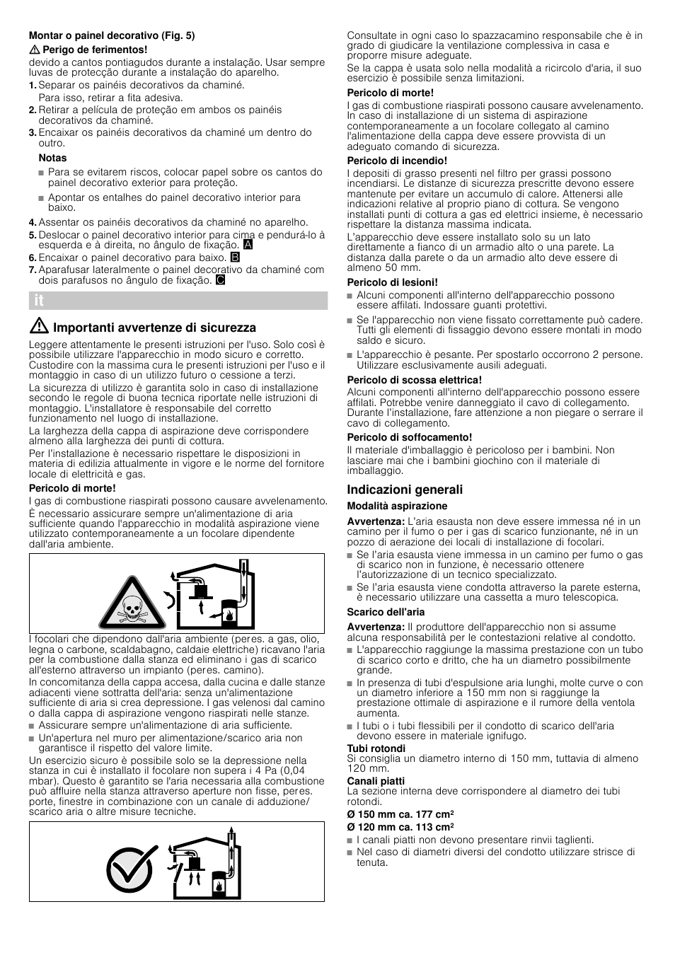 Montar o painel decorativo (fig. 5), Perigo de ferimentos, Separar os painéis decorativos da chaminé | Notas, Encaixar o painel decorativo para baixo, Importanti avvertenze di sicurezza, Pericolo di morte, Pericolo di incendio, Pericolo di lesioni, Pericolo di scossa elettrica | Siemens LC98KA570 User Manual | Page 13 / 24