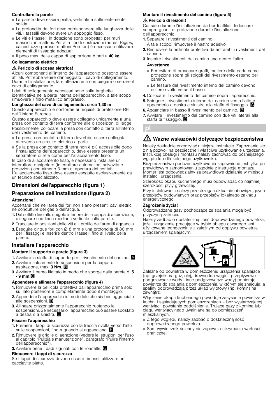 Controllare la parete, Collegamento elettrico, Pericolo di scossa elettrica | Lunghezza del cavo di collegamento: circa 1,30 m, Dimensioni dell'apparecchio (figura 1), Preparazione dell'installazione (figura 2), Attenzione, Installare l'apparecchio, Montare il supporto a parete (figura 3), Appendere e allineare l'apparecchio (figura 4) | Siemens LC98KA570 User Manual | Page 14 / 24