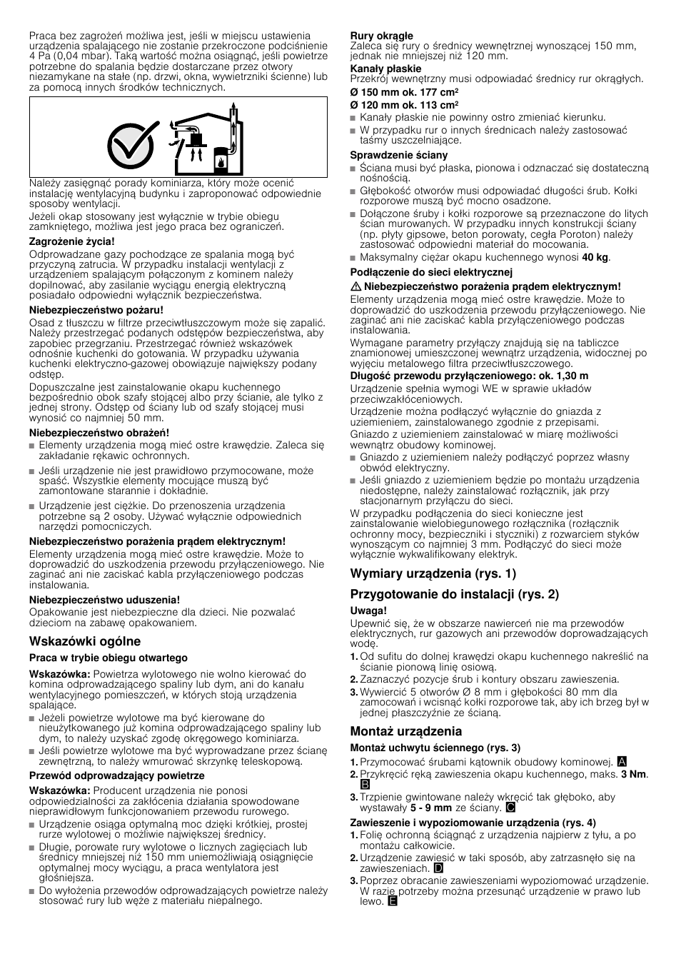 Zagrożenie życia, Niebezpieczeństwo pożaru, Niebezpieczeństwo obrażeń | Niebezpieczeństwo porażenia prądem elektrycznym, Niebezpieczeństwo uduszenia, Wskazówki ogólne, Praca w trybie obiegu otwartego, Wskazówka, Przewód odprowadzający powietrze, Ø 150 mm ok. 177 cm2 | Siemens LC98KA570 User Manual | Page 15 / 24