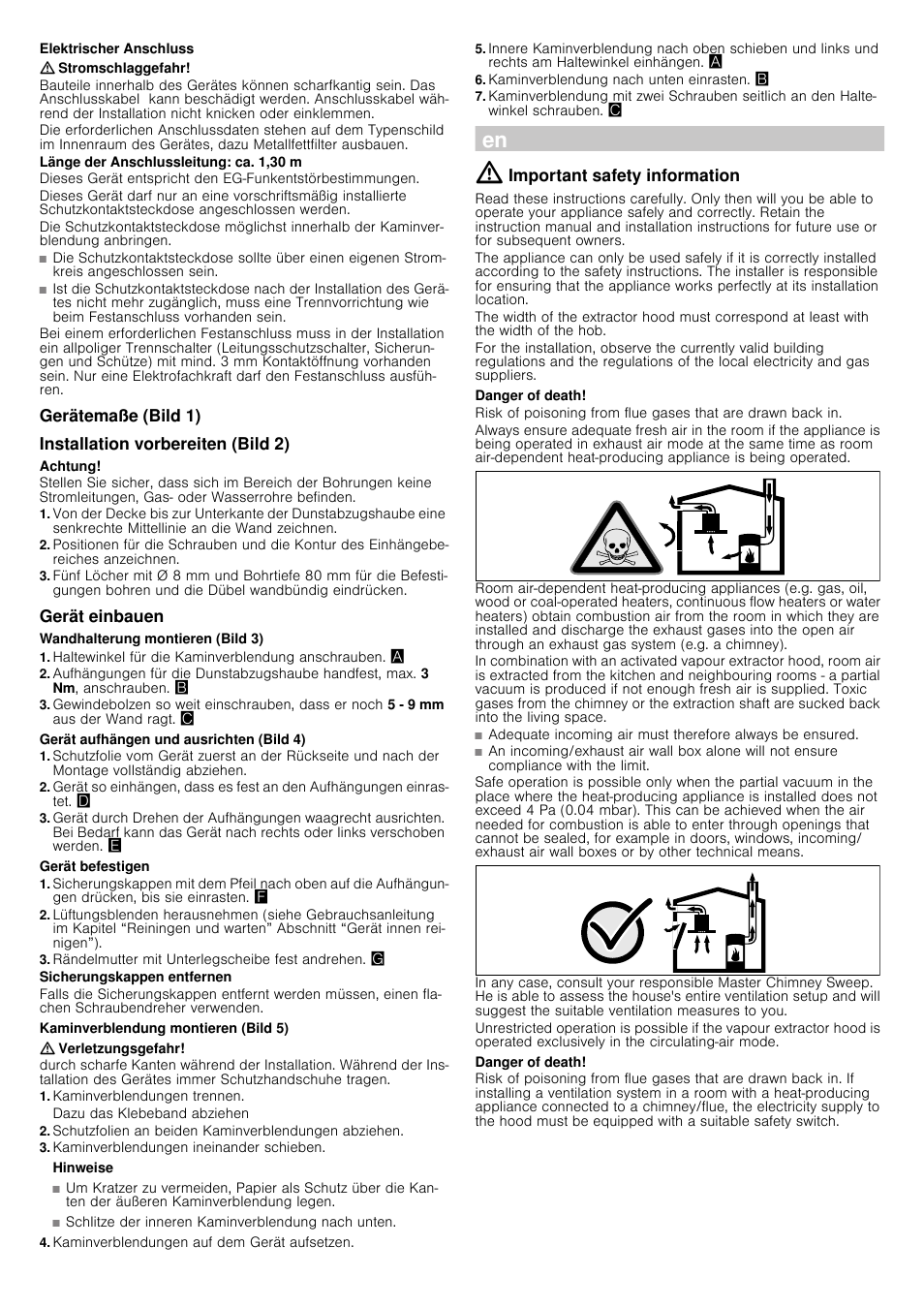 Elektrischer anschluss, Stromschlaggefahr, Länge der anschlussleitung: ca. 1,30 m | Gerätemaße (bild 1), Installation vorbereiten (bild 2), Achtung, Gerät einbauen, Wandhalterung montieren (bild 3), Haltewinkel für die kaminverblendung anschrauben, Gerät aufhängen und ausrichten (bild 4) | Siemens LC98KA570 User Manual | Page 5 / 24