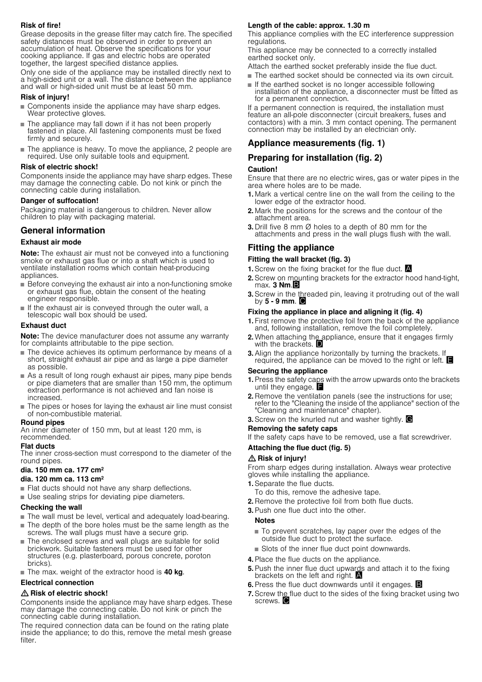 Risk of fire, Risk of injury, Risk of electric shock | Danger of suffocation, General information, Exhaust air mode, Note, Exhaust duct, Dia. 150 mm ca. 177 cm2, Dia. 120 mm ca. 113 cm2 | Siemens LC98KA570 User Manual | Page 6 / 24