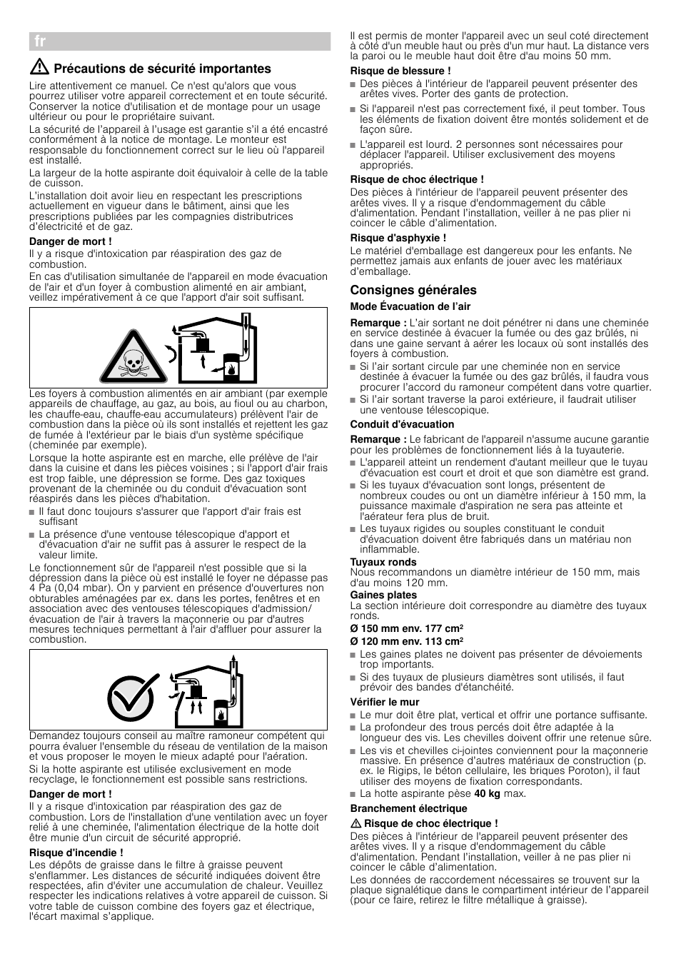 Þ notice de montage, Précautions de sécurité importantes, Danger de mort | Risque d'incendie, Risque de blessure, Risque de choc électrique, Risque d'asphyxie, Consignes générales, Mode évacuation de l’air, Remarque | Siemens LC98KA570 User Manual | Page 7 / 24