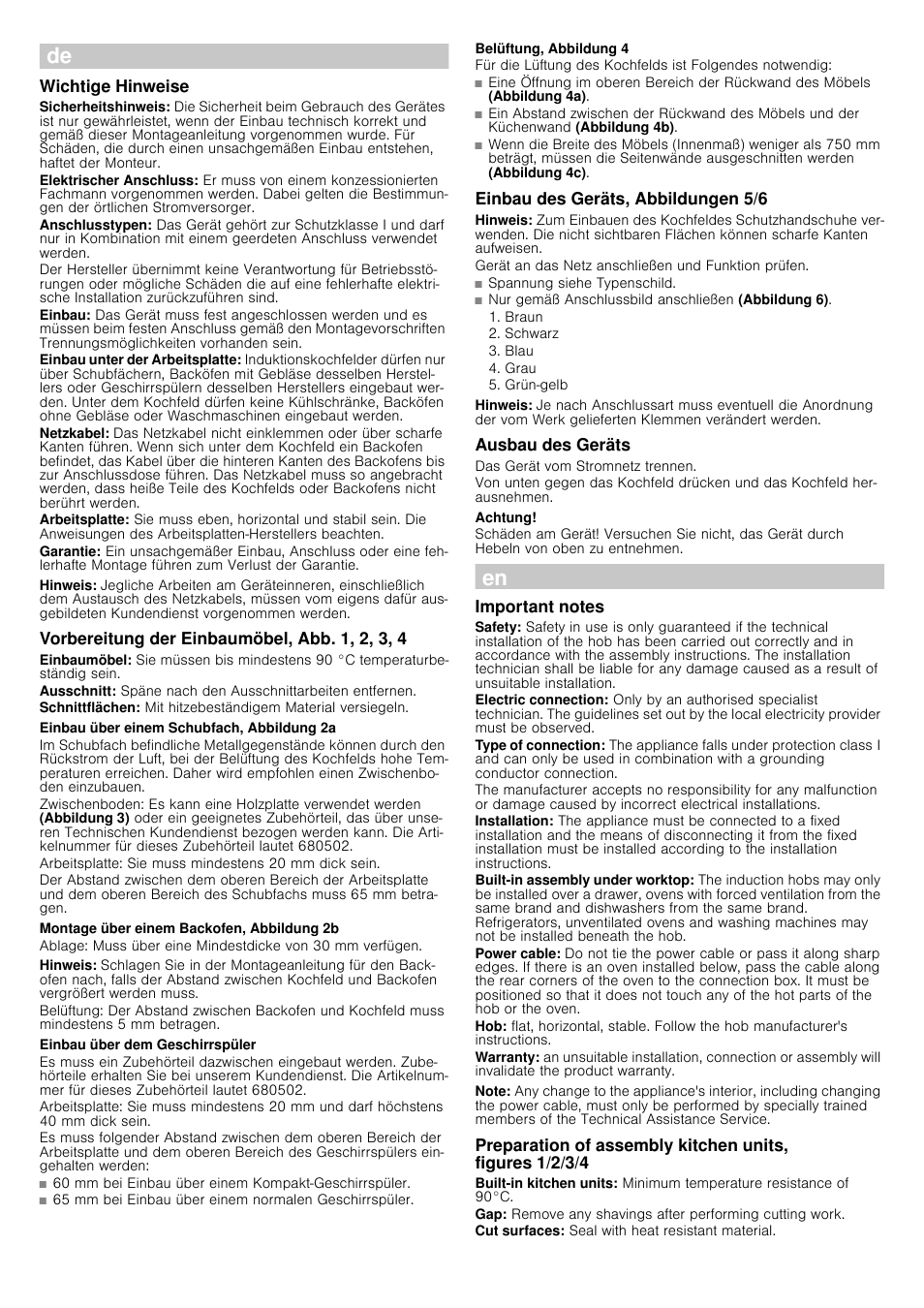 Wichtige hinweise, Hinweis, Vorbereitung der einbaumöbel, abb. 1, 2, 3, 4 | Einbau über einem schubfach, abbildung 2a, Montage über einem backofen, abbildung 2b, Einbau über dem geschirrspüler, Belüftung, abbildung 4, Einbau des geräts, abbildungen 5/6, Ausbau des geräts, Achtung | Siemens EH851FT17E User Manual | Page 4 / 13