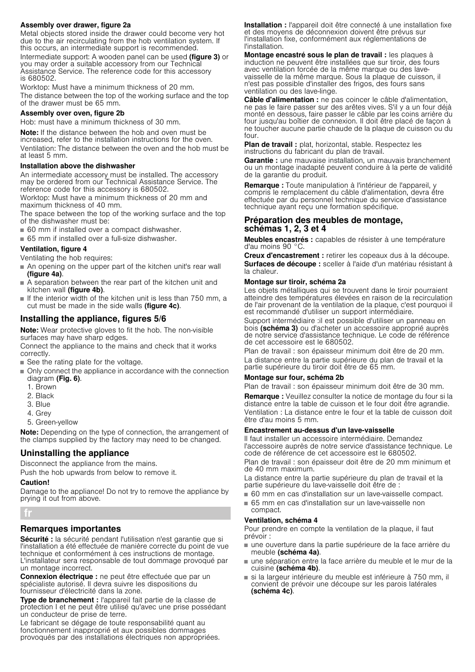 Assembly over drawer, figure 2a, Assembly over oven, figure 2b, Note | Installation above the dishwasher, Ventilation, figure 4, Installing the appliance, figures 5/6, Uninstalling the appliance, Caution, Remarques importantes, Remarque | Siemens EH851FT17E User Manual | Page 5 / 13