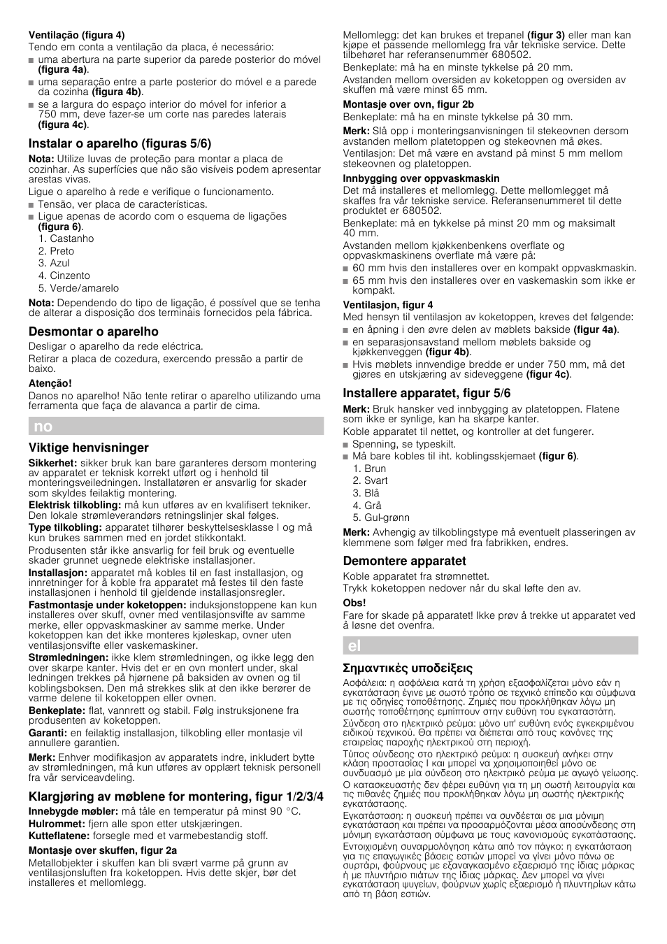 Ventilação (figura 4), Instalar o aparelho (figuras 5/6), Nota | Desmontar o aparelho, Atenção, Viktige henvisninger, Merk, Montasje over skuffen, figur 2a, Montasje over ovn, figur 2b, Innbygging over oppvaskmaskin | Siemens EH851FT17E User Manual | Page 9 / 13