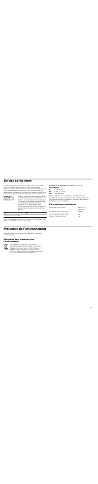 Service après-vente, Caractéristiques techniques, Protection de l'environnement | Élimination sans nuisances pour l'environnement | Siemens HW1405P2 User Manual | Page 21 / 32