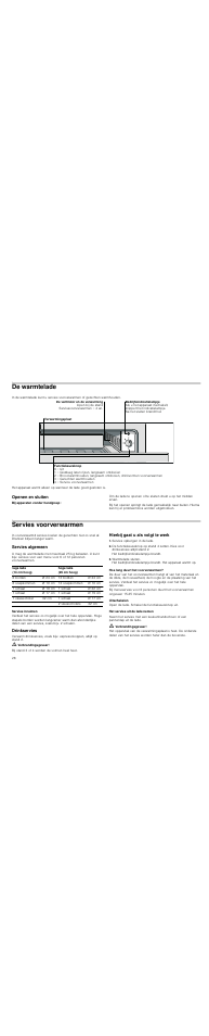 De warmtelade, Openen en sluiten, Servies voorverwarmen | Servies algemeen, Servies inruimen, Drinkservies, M verbrandingsgevaar, Hierbij gaat u als volgt te werk, Servies opbergen in de lade, Warmtelade sluiten | Siemens HW1405P2 User Manual | Page 28 / 32