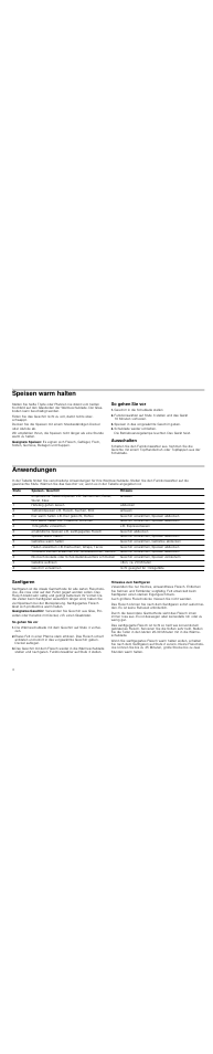 Speisen warm halten, So gehen sie vor, Geschirr in die schublade stellen | Speisen in das vorgewärmte geschirr geben, Schublade wieder schließen, Ausschalten, Anwendungen, Sanftgaren, Hinweise zum sanftgaren | Siemens HW1405P2 User Manual | Page 4 / 32