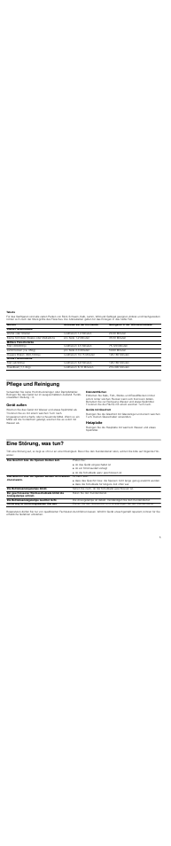 Tabelle, Pflege und reinigung, Gerät außen | Edelstahlflächen, Geräte mit glasfront, Heizplatte, Eine störung, was tun | Siemens HW1405P2 User Manual | Page 5 / 32