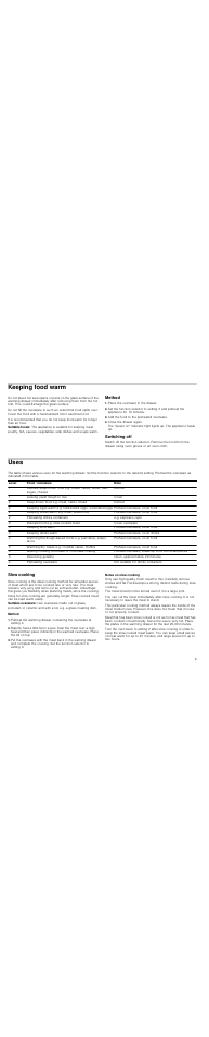 Keeping food warm, Method, Place the ovenware in the drawer | Add the food to the preheated ovenware, Close the drawer again, Switching off, Uses, Slow cooking, Notes on slow cooking | Siemens HW1405P2 User Manual | Page 9 / 32