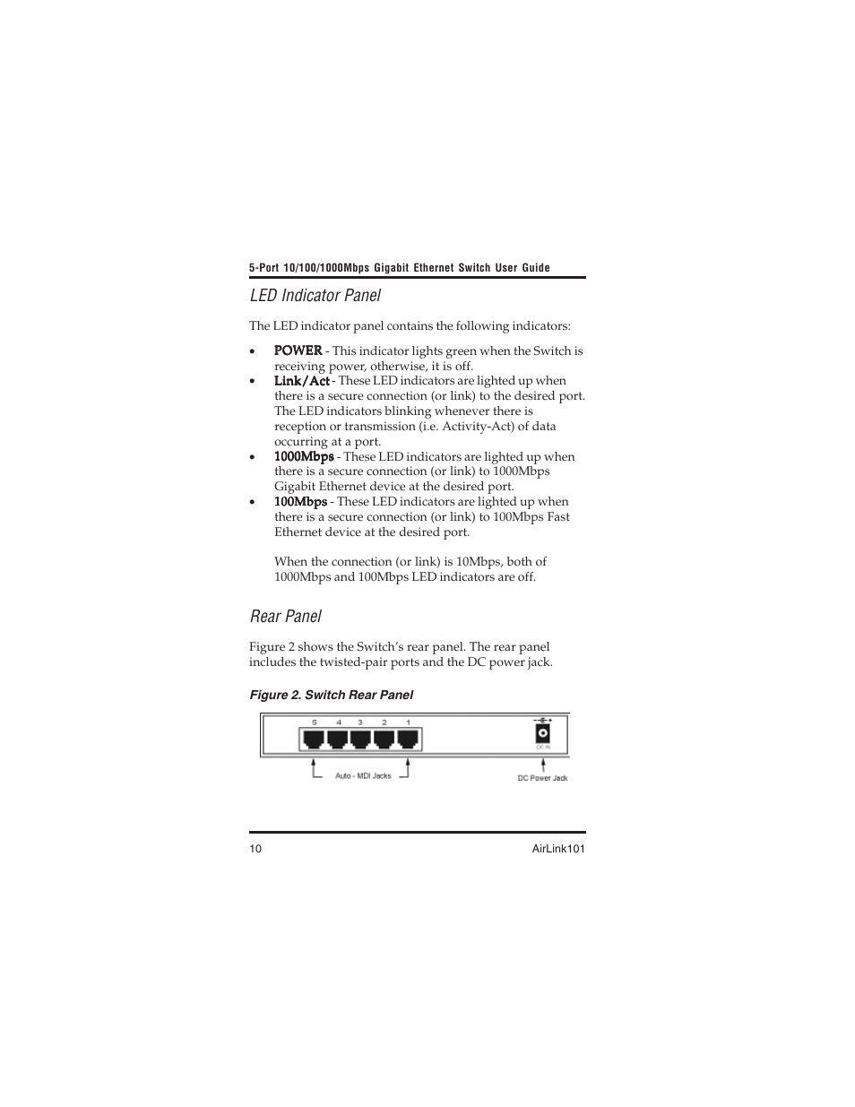 Led indicator panel, Rear panel | Airlink101 AGIGA5SW User Manual | Page 10 / 16