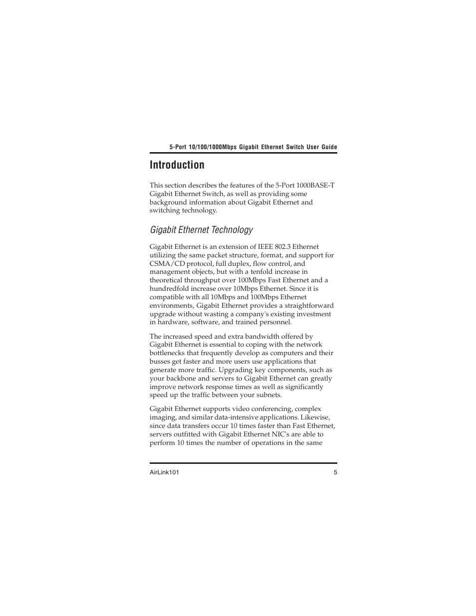 Introduction, Gigabit ethernet technology | Airlink101 AGIGA5SW User Manual | Page 5 / 16