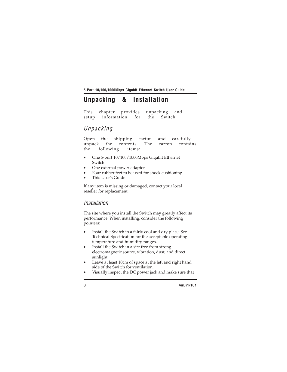 Unpacking & installation, Installation | Airlink101 AGIGA5SW User Manual | Page 8 / 16