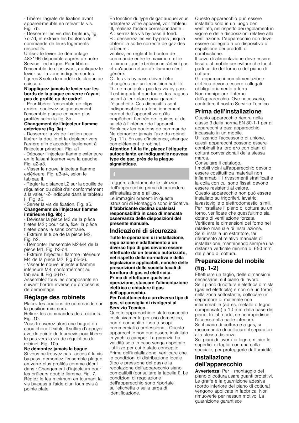 Réglage des robinets, Indicazioni di sicurezza, Prima dell'installazione | Preparazione del mobile (fig. 1-2), Installazione dell'apparecchio | Siemens ER326BB70D User Manual | Page 10 / 20