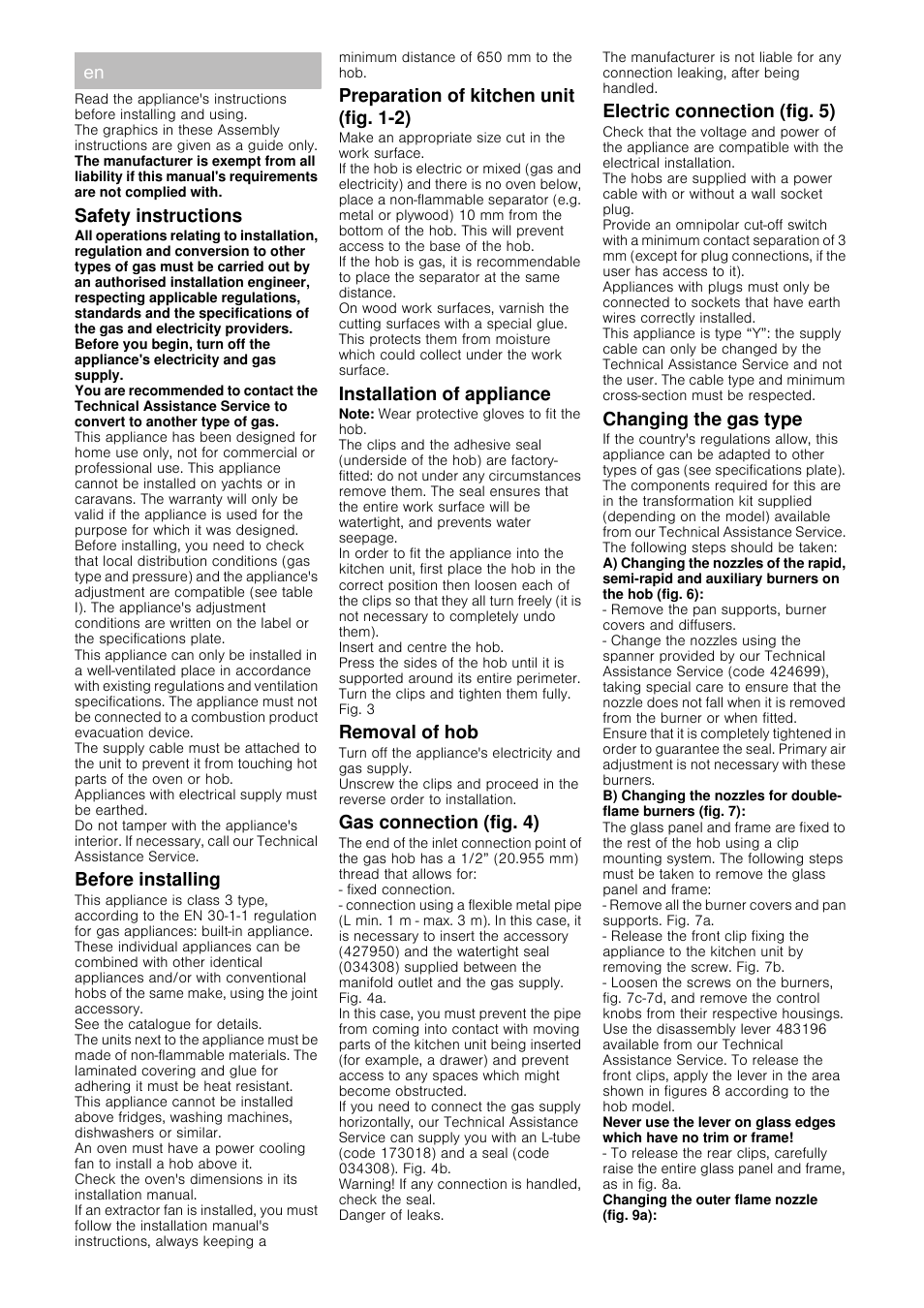 Safety instructions, Before installing, Preparation of kitchen unit (fig. 1-2) | Installation of appliance, Removal of hob, Gas connection (fig. 4), Electric connection (fig. 5), Changing the gas type | Siemens ER326BB70D User Manual | Page 6 / 20