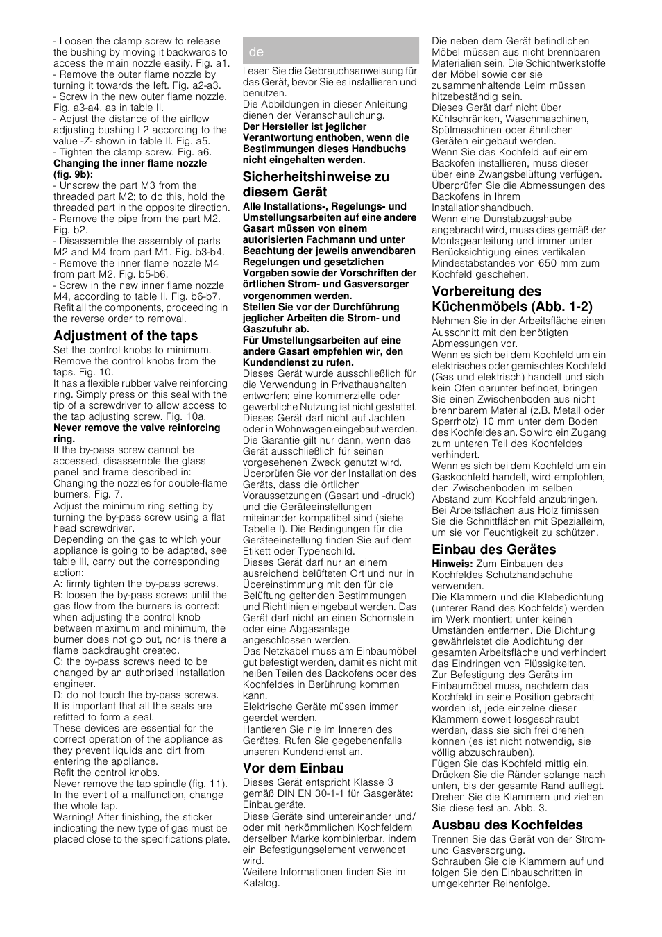 Adjustment of the taps, Sicherheitshinweise zu diesem gerät, Vor dem einbau | Vorbereitung des küchenmöbels (abb. 1-2), Einbau des gerätes, Ausbau des kochfeldes | Siemens ER326BB70D User Manual | Page 7 / 20