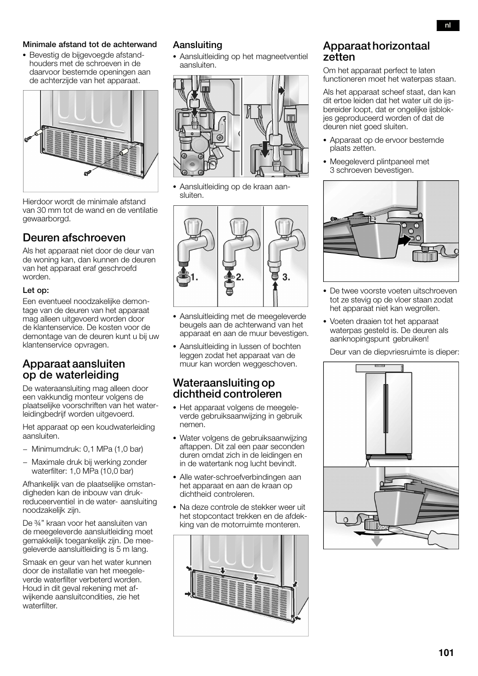 Deuren afschroeven, Apparaat aansluiten op de waterleiding, Wateraansluiting op dichtheid controleren | Apparaat horizontaal zetten | Siemens KA58NA45 User Manual | Page 101 / 263