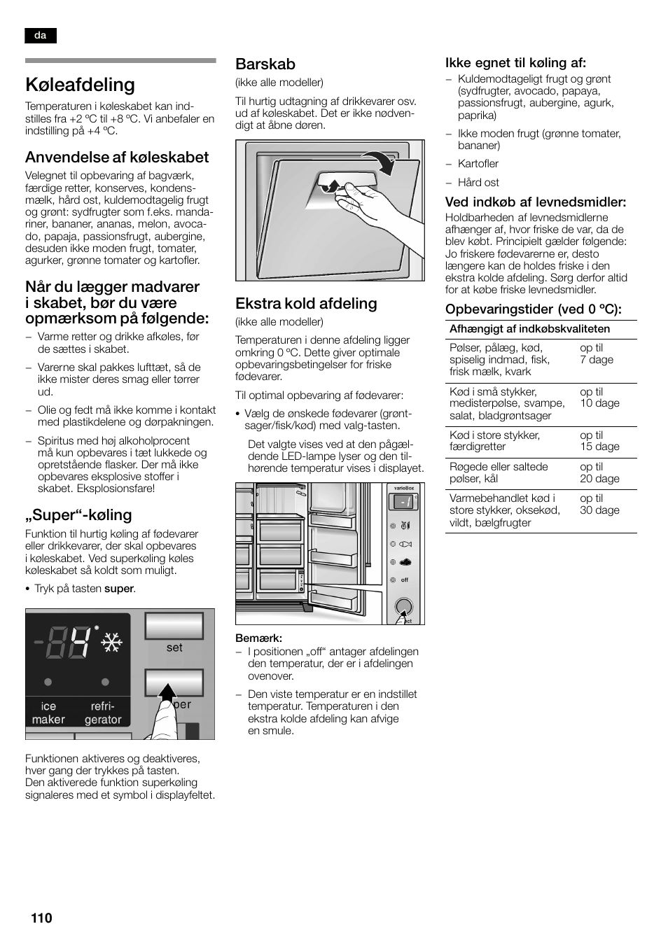 Køleafdeling, Anvendelse af køleskabet, Ęsuperćkøling | Barskab, Ekstra kold afdeling | Siemens KA58NA45 User Manual | Page 110 / 263
