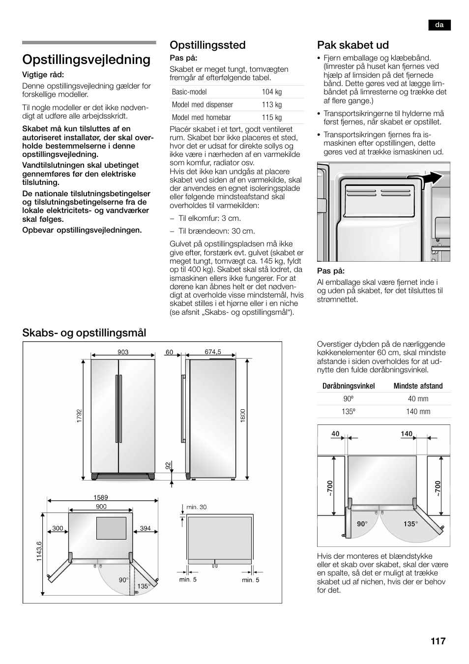 Opstillingsvejledning, Opstillingssted, Pak skabet ud | Skabsć og opstillingsmål | Siemens KA58NA45 User Manual | Page 117 / 263