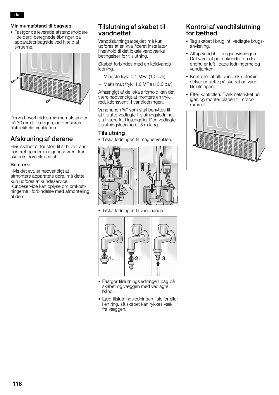 Afskruning af dørene, Tilslutning af skabet til vandnettet, Kontrol af vandtilslutning for tæthed | Siemens KA58NA45 User Manual | Page 118 / 263
