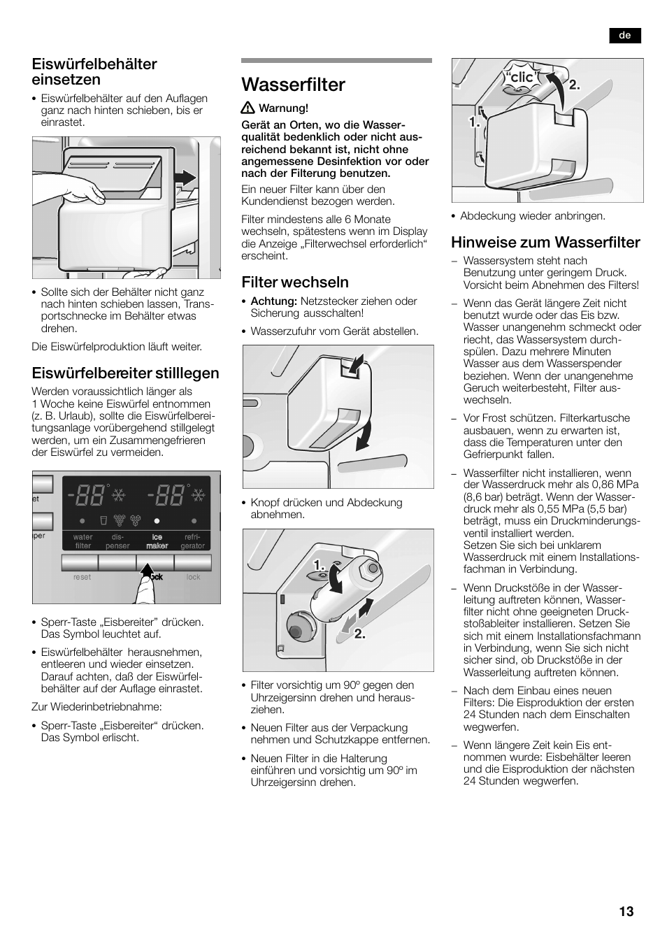 Wasserfilter, Eiswürfelbehälter einsetzen, Eiswürfelbereiter stilllegen | Filter wechseln, Hinweise zum wasserfilter | Siemens KA58NA45 User Manual | Page 13 / 263
