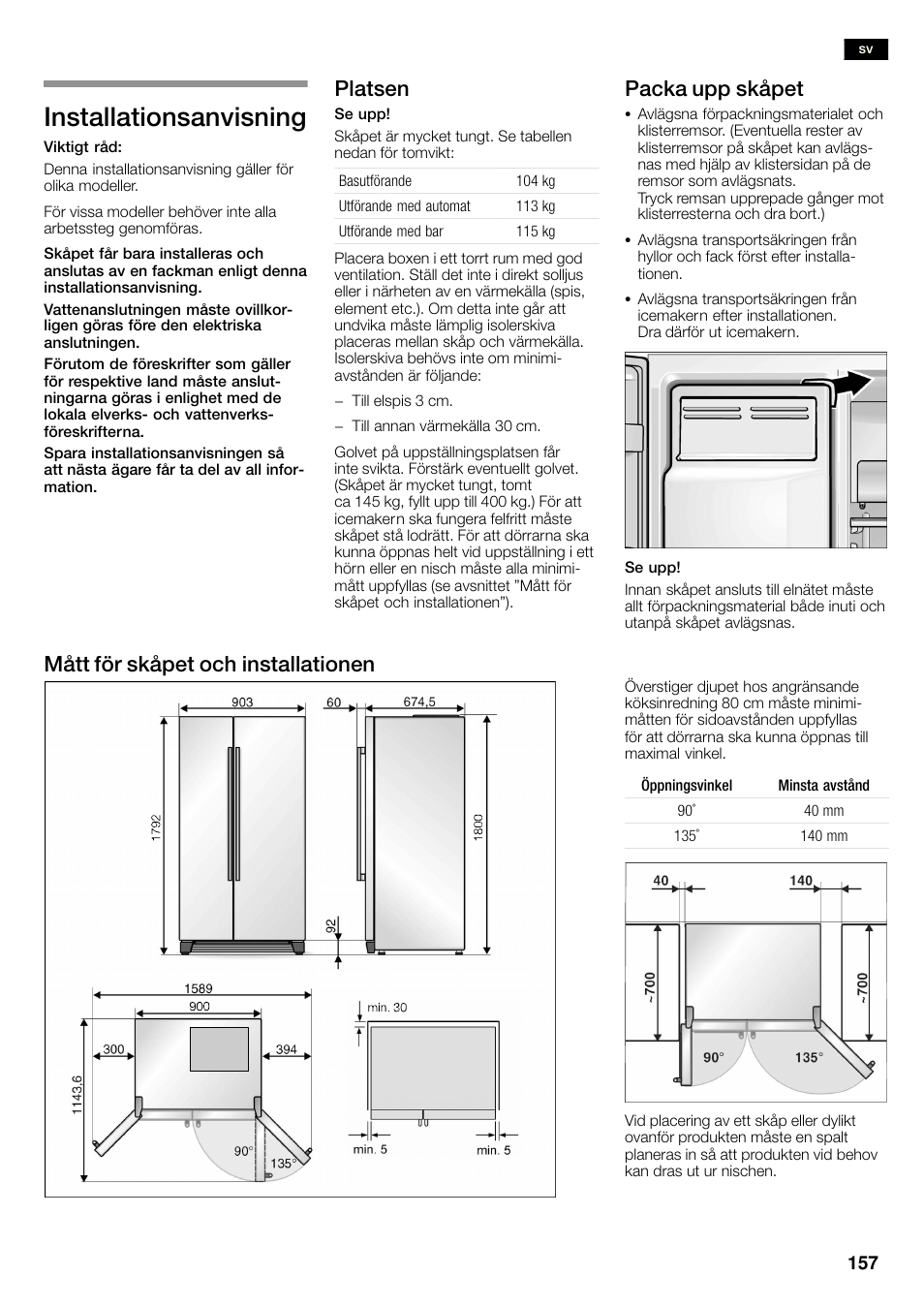 Installationsanvisning, Platsen, Packa upp skåpet | Mått för skåpet och installationen | Siemens KA58NA45 User Manual | Page 157 / 263