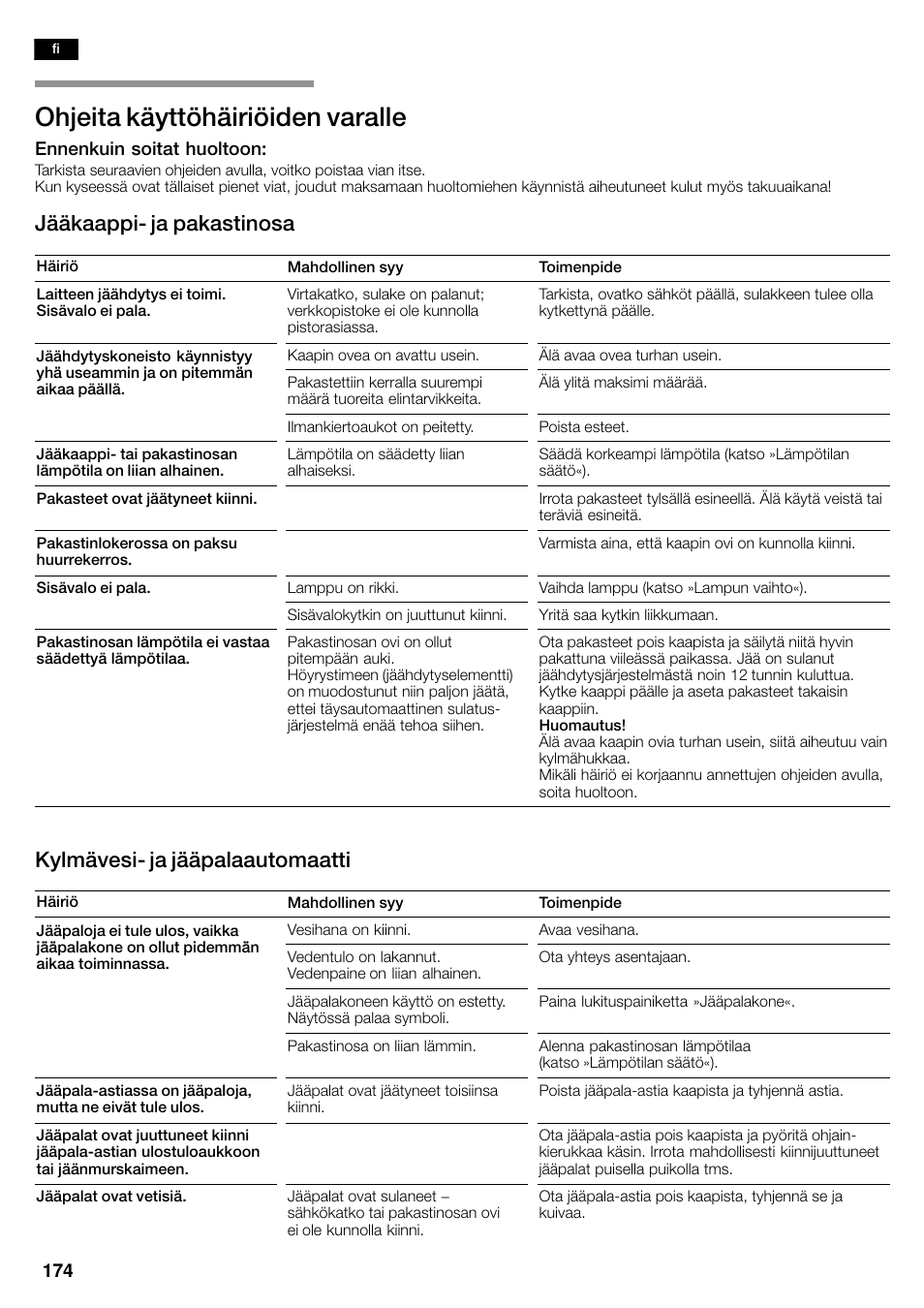 Ohjeita käyttöhäiriöiden varalle, Jääkaappić ja pakastinosa, Kylmävesić ja jääpalaautomaatti | Siemens KA58NA45 User Manual | Page 174 / 263