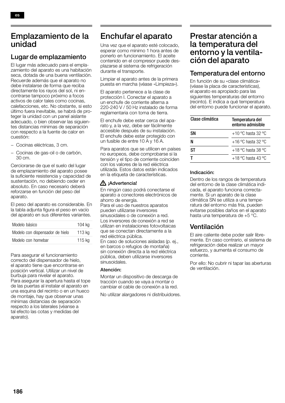 Emplazamiento de la unidad, Enchufar el aparato, Lugar de emplazamiento | Temperatura del entorno, Ventilación | Siemens KA58NA45 User Manual | Page 186 / 263