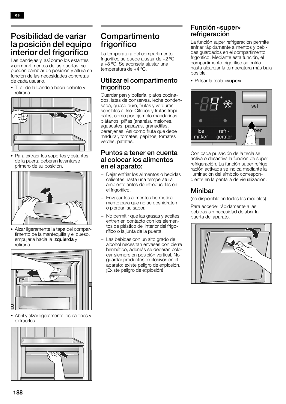 Compartimento frigorífico, Utilizar el compartimento frigorífico, Función «super» refrigeración | Minibar | Siemens KA58NA45 User Manual | Page 188 / 263