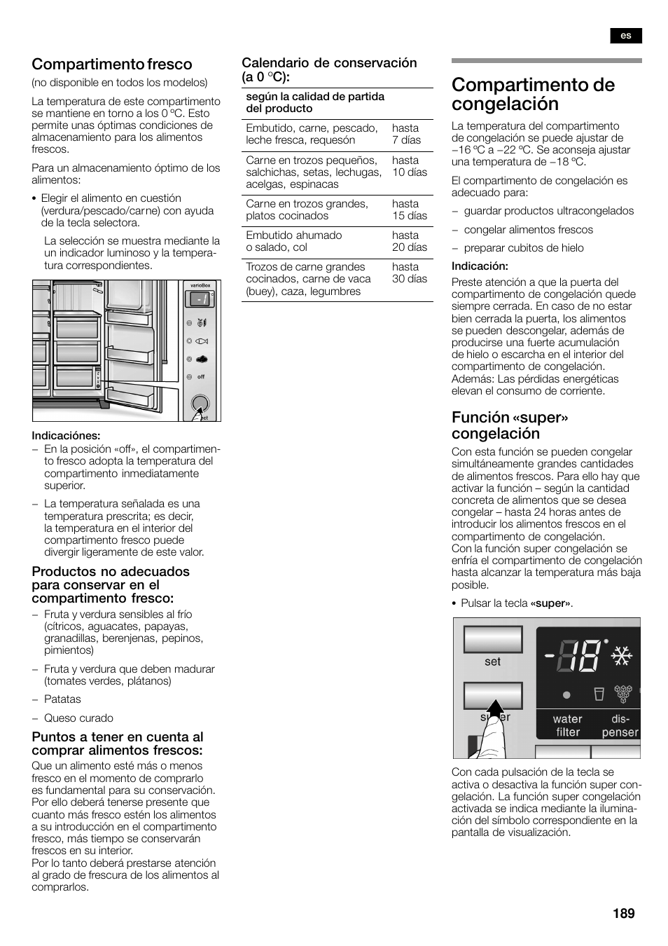 Compartimento de congelación, Compartimento fresco, Función «super» congelación | Siemens KA58NA45 User Manual | Page 189 / 263