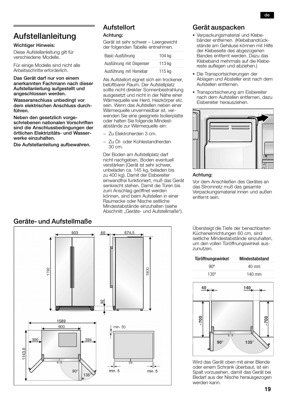 Aufstellanleitung, Aufstellort, Gerät auspacken | Geräteć und aufstellmaße | Siemens KA58NA45 User Manual | Page 19 / 263