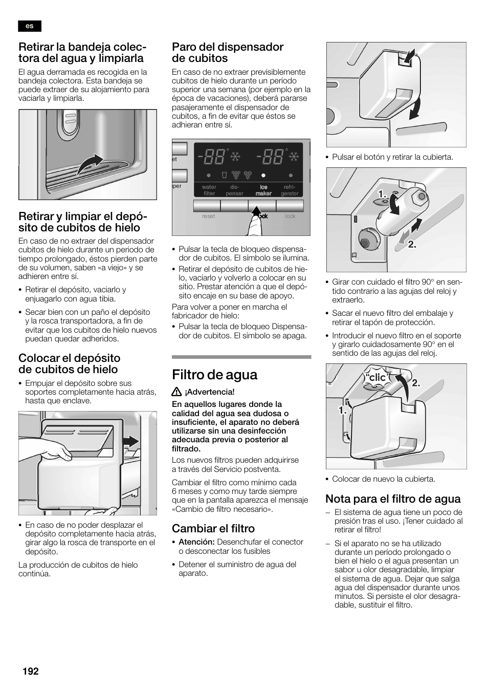 Filtro de agua, Colocar el depósito de cubitos de hielo, Paro del dispensador de cubitos | Cambiar el filtro, Nota para el filtro de agua | Siemens KA58NA45 User Manual | Page 192 / 263