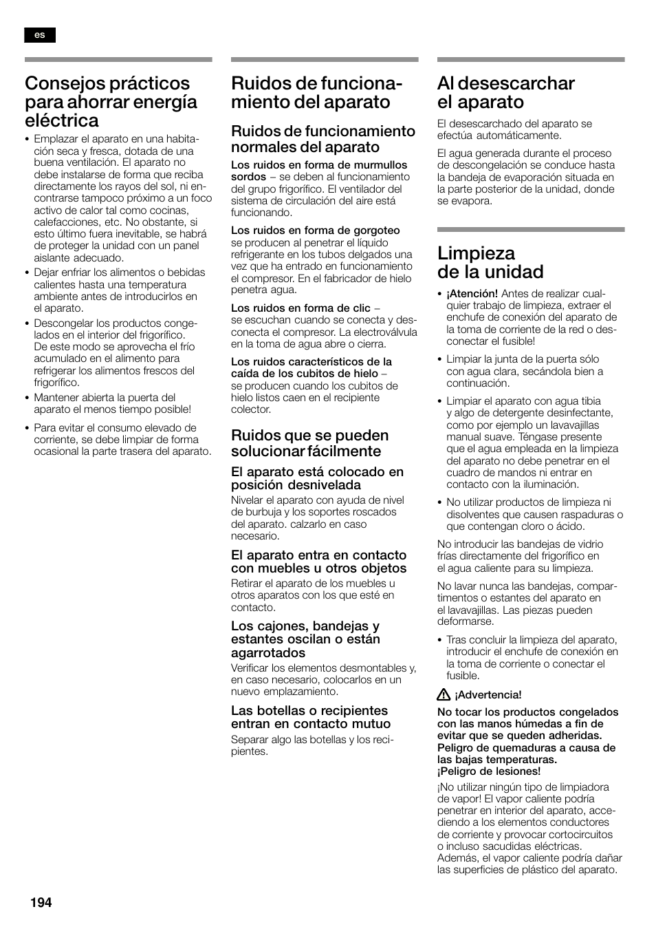 Consejos prácticos para ahorrar energía eléctrica, Ruidos de funcionać miento del aparato, Al desescarchar el aparato | Limpieza de la unidad, Ruidos de funcionamiento normales del aparato, Ruidos que se pueden solucionar fácilmente | Siemens KA58NA45 User Manual | Page 194 / 263