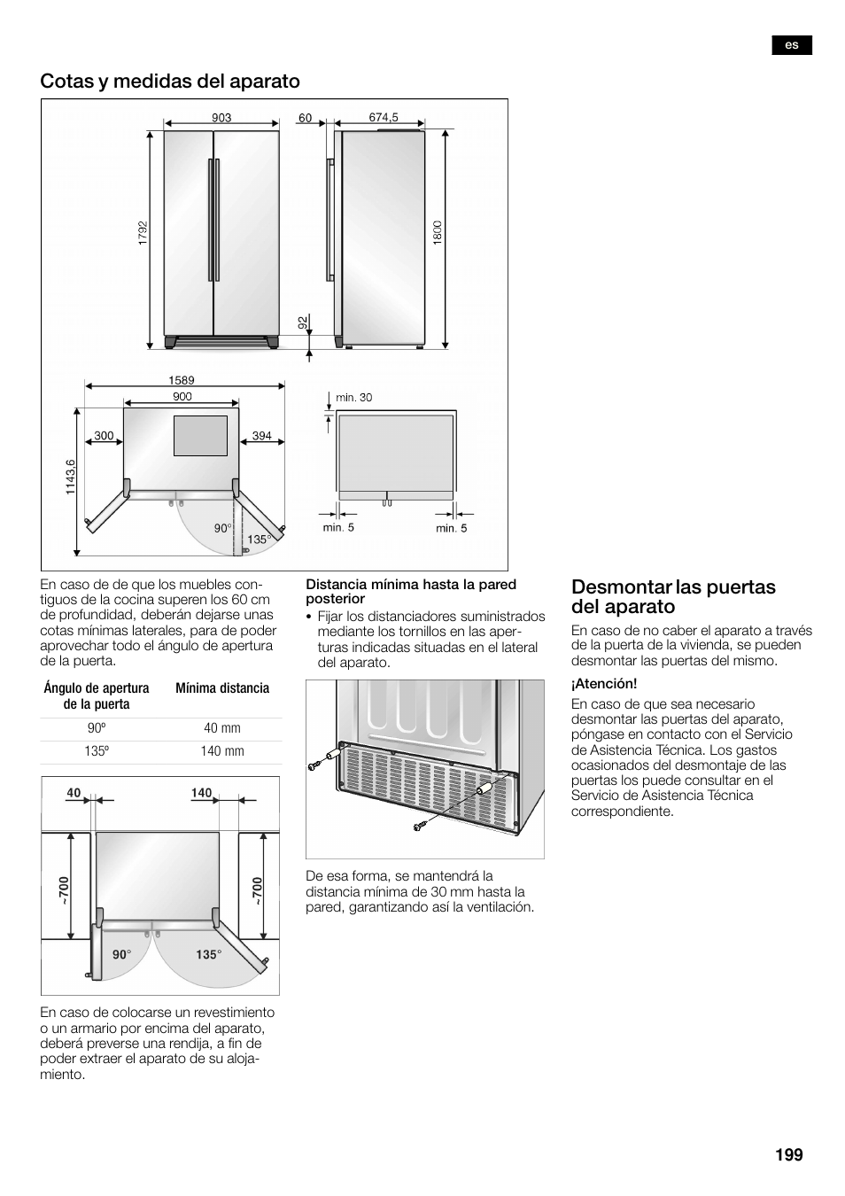 Cotas y medidas del aparato, Desmontar las puertas del aparato | Siemens KA58NA45 User Manual | Page 199 / 263