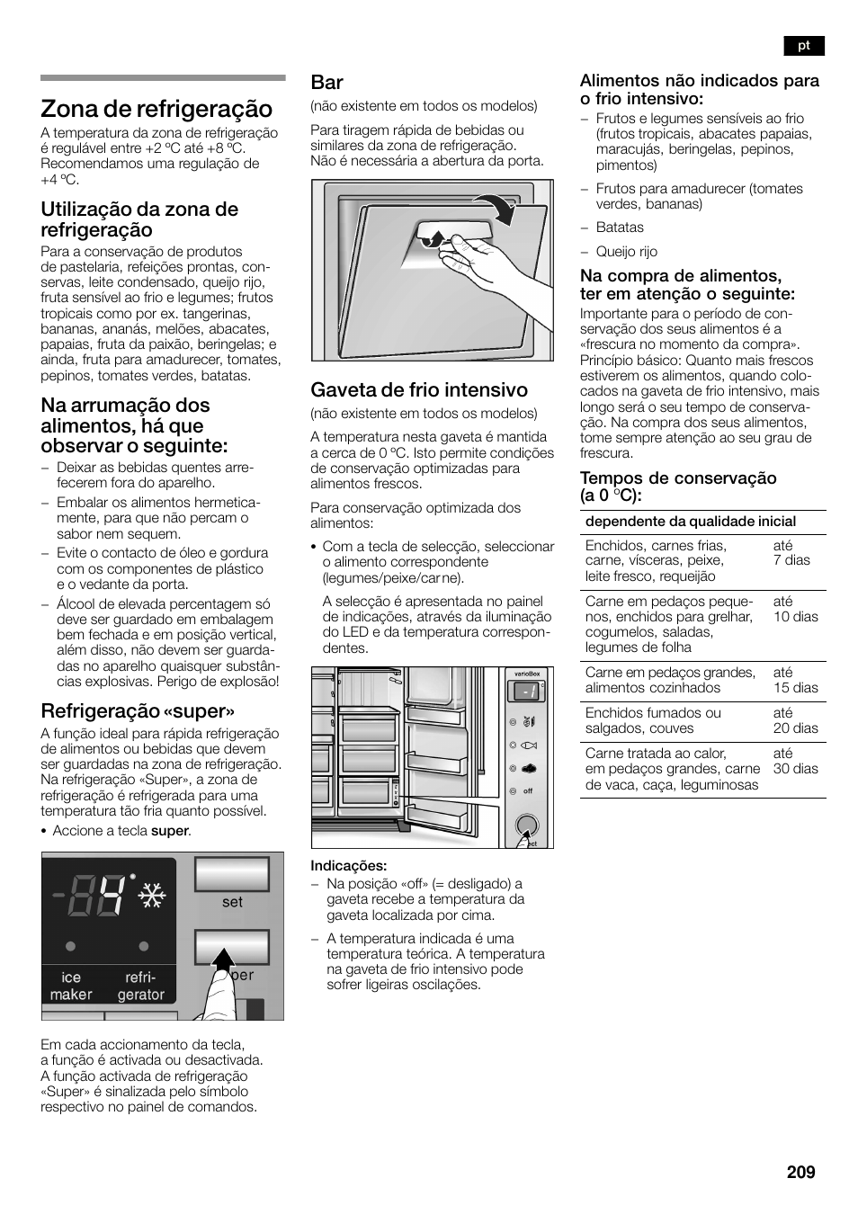 Zona de refrigeração, Utilização da zona de refrigeração, Refrigeração «super | Gaveta de frio intensivo | Siemens KA58NA45 User Manual | Page 209 / 263