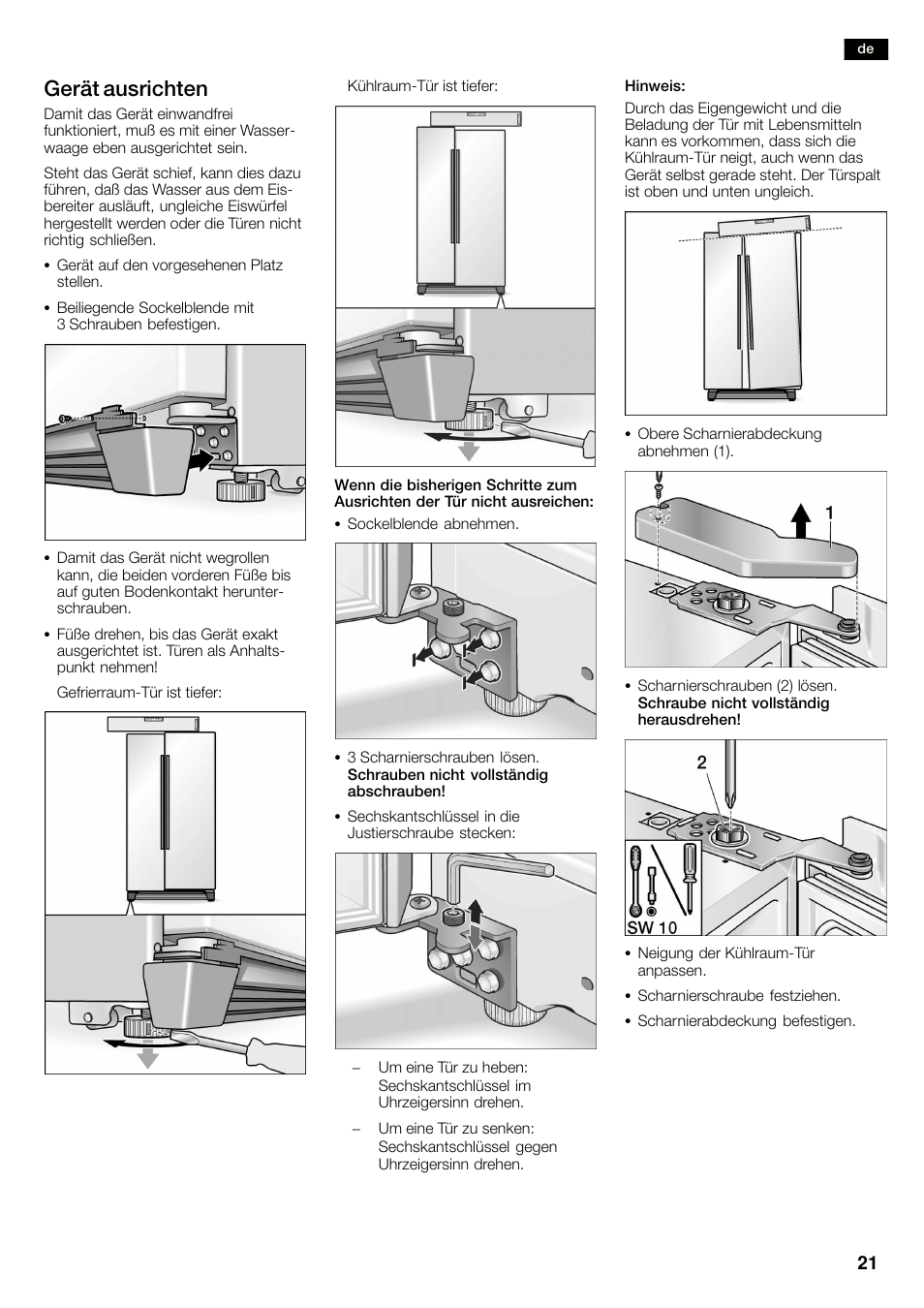 Gerät ausrichten | Siemens KA58NA45 User Manual | Page 21 / 263