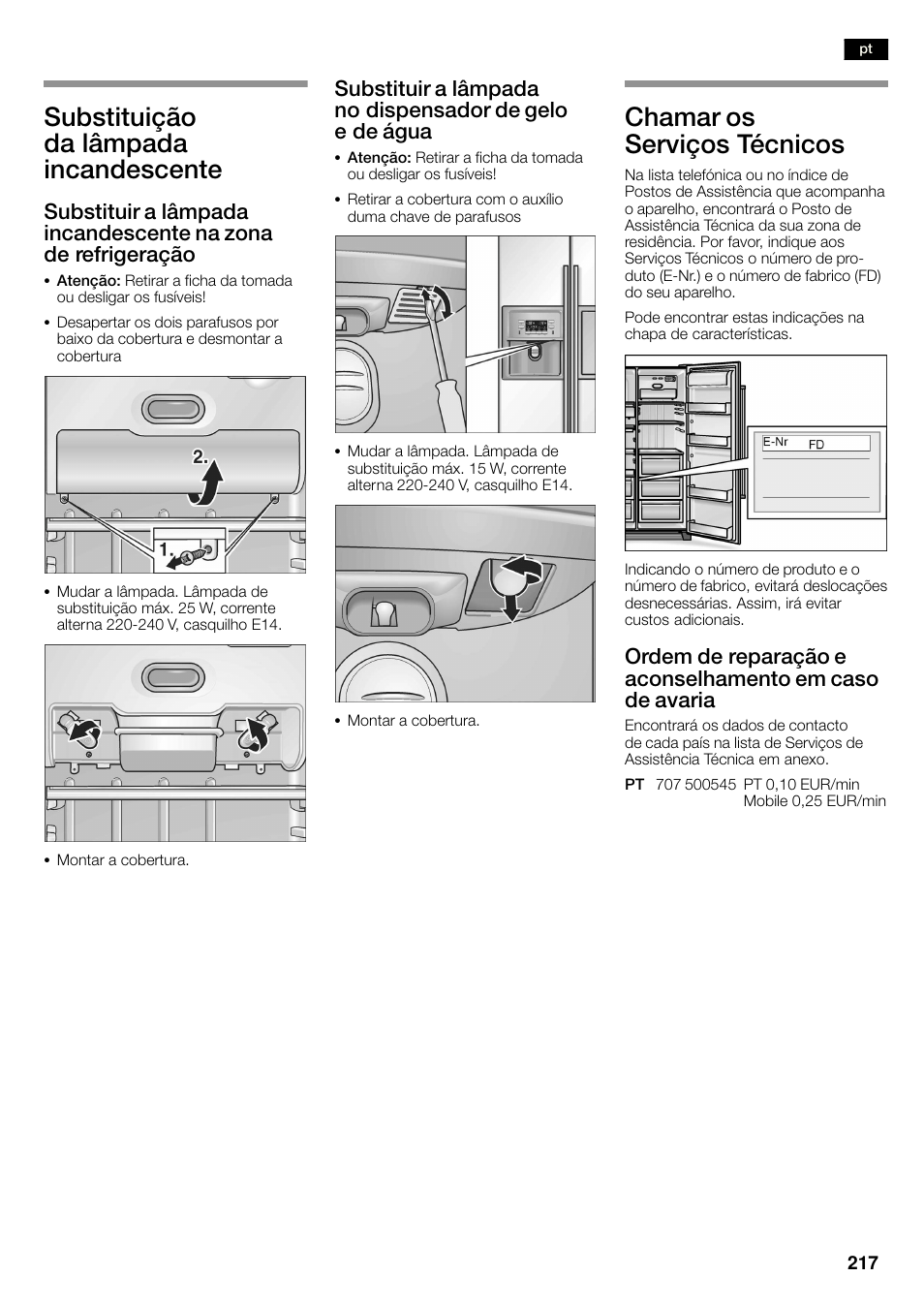 Substituição da lâmpada incandescente, Chamar os serviços técnicos | Siemens KA58NA45 User Manual | Page 217 / 263