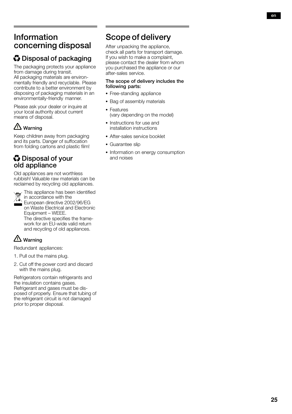 Information concerning disposal, Scope of delivery, X disposal of packaging | X disposal of your old appliance | Siemens KA58NA45 User Manual | Page 25 / 263