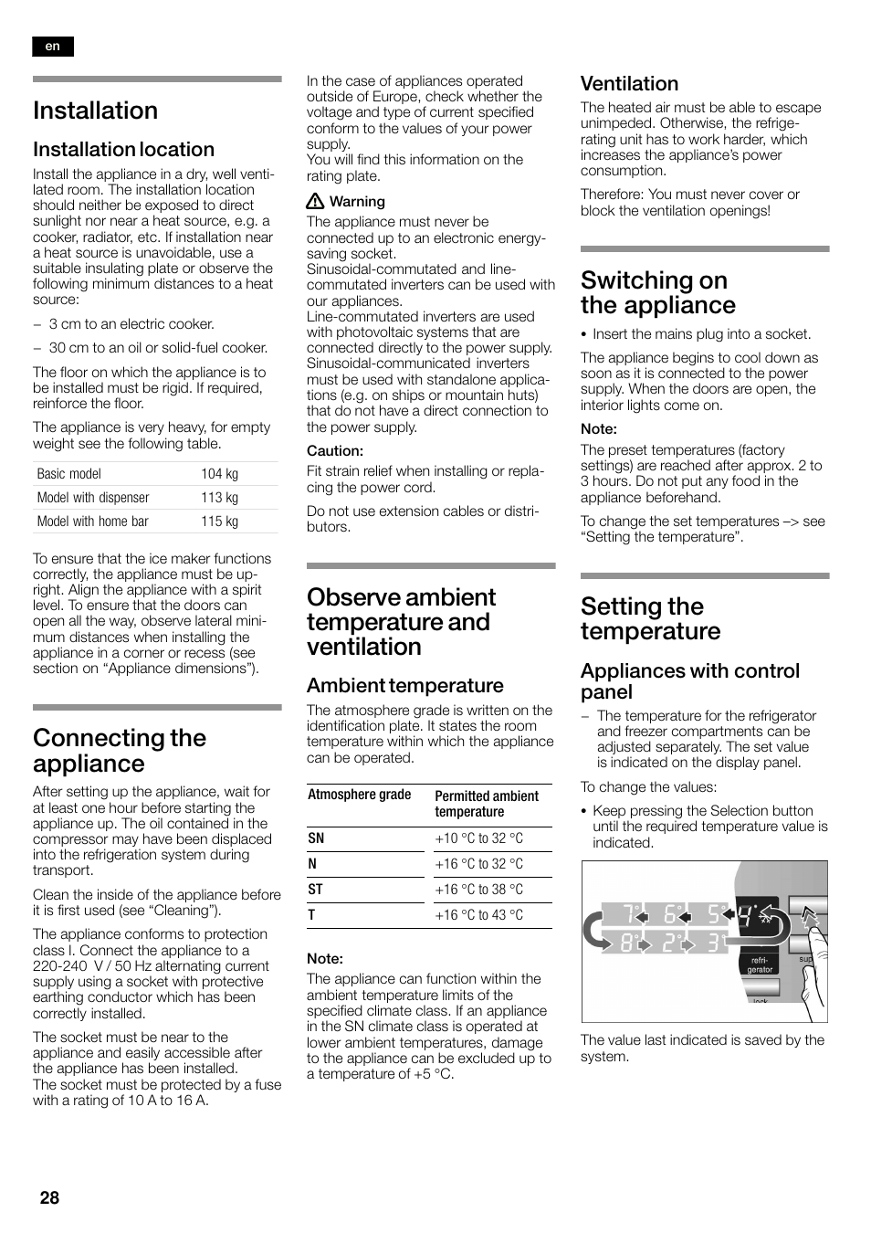 Installation, Connecting the appliance, Observe ambient temperature and ventilation | Switching on the appliance, Setting the temperature, Installation location, Ambient temperature, Ventilation, Appliances with control panel | Siemens KA58NA45 User Manual | Page 28 / 263
