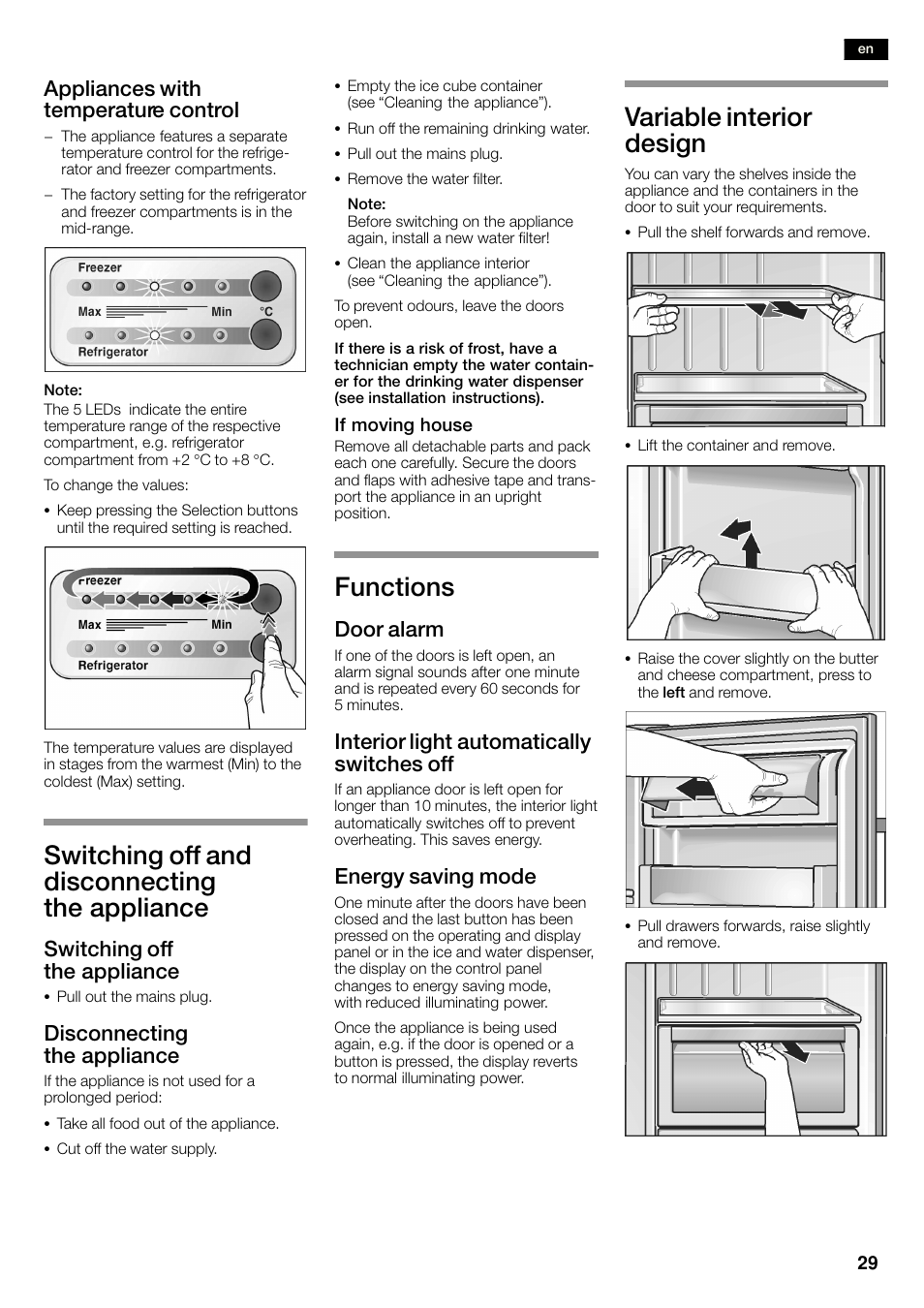 Switching off and disconnecting the appliance, Functions, Variable interior design | Appliances with temperature control, Switching off the appliance, Disconnecting the appliance, Door alarm, Interior light automatically switches off, Energy saving mode | Siemens KA58NA45 User Manual | Page 29 / 263