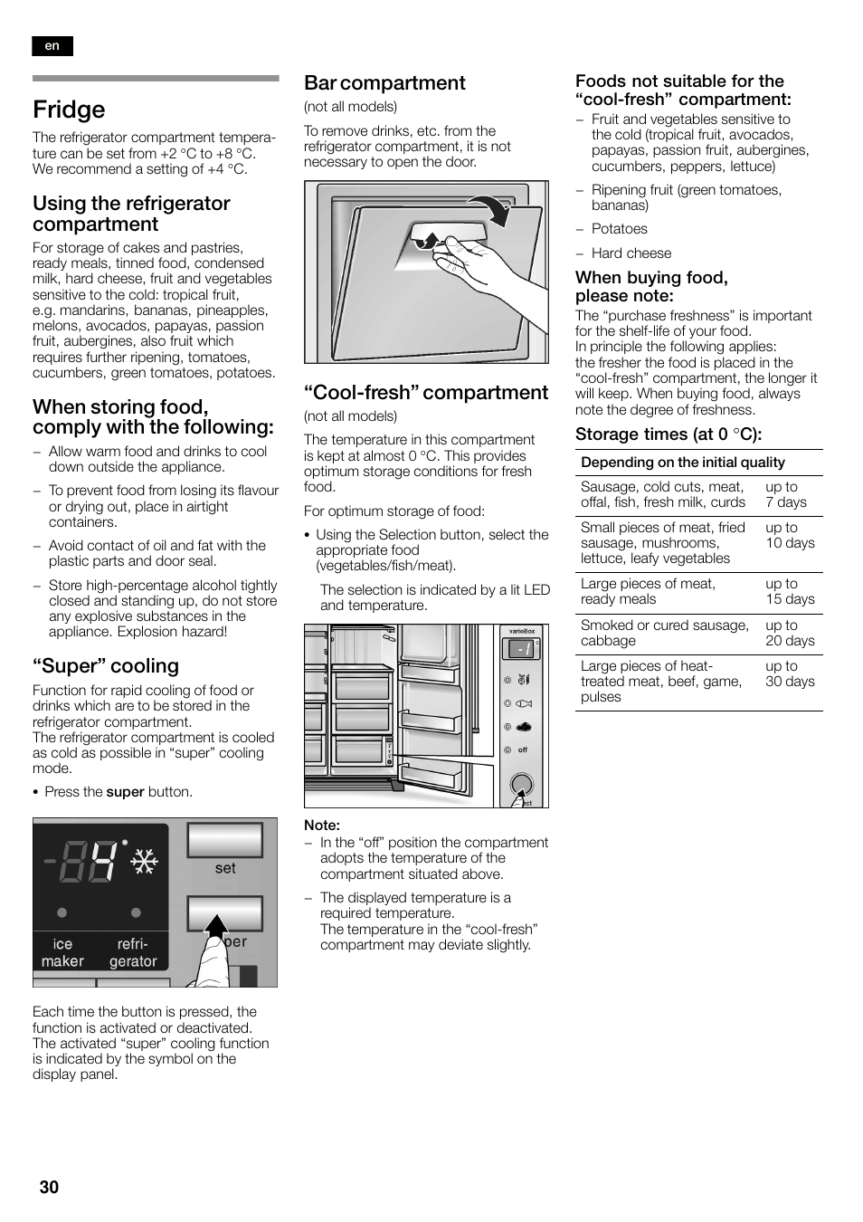 Fridge, Using the refrigerator compartment, When storing food, comply with the following | Super" cooling, Bar compartment, Coolćfresh" compartment | Siemens KA58NA45 User Manual | Page 30 / 263