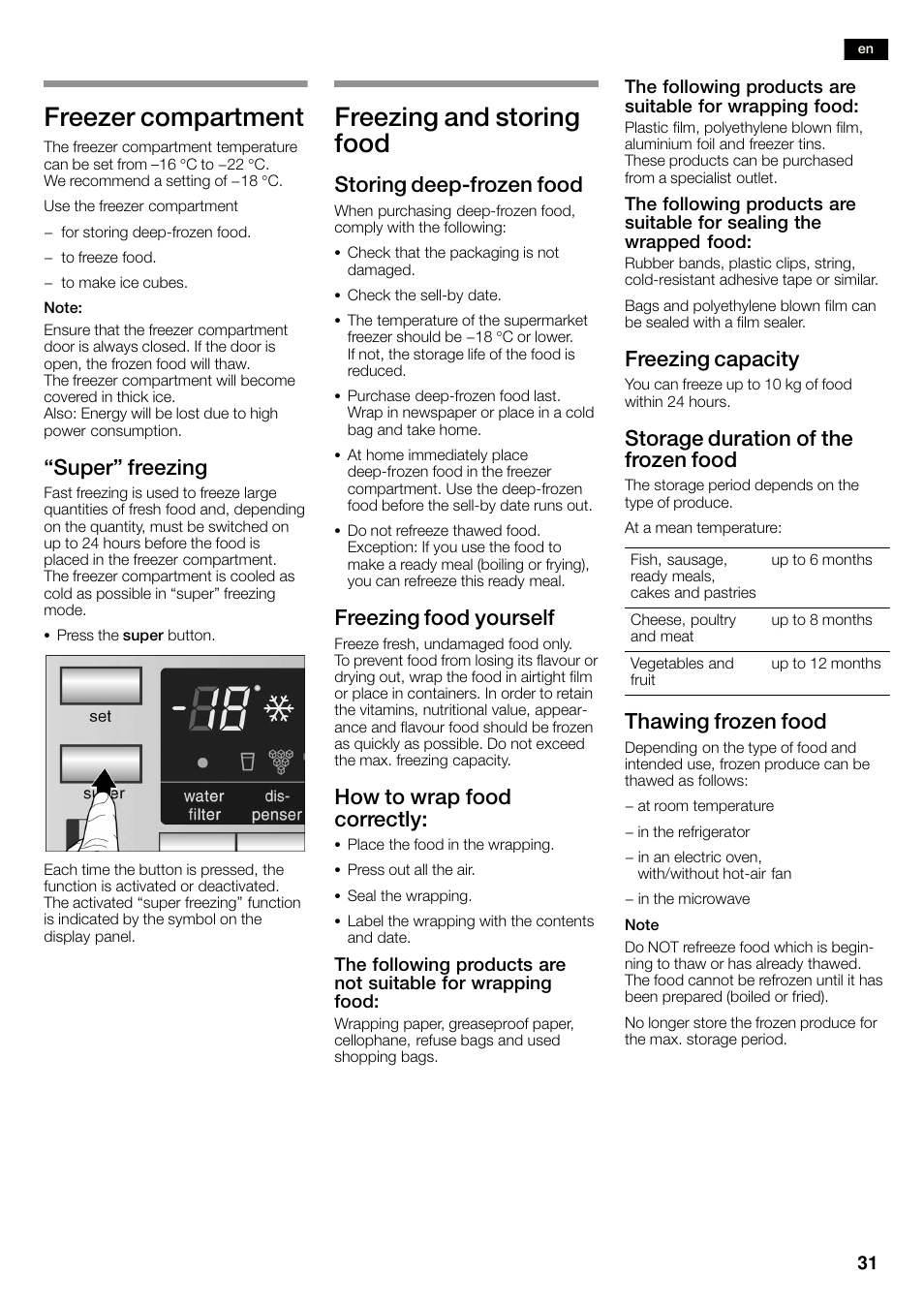 Freezer compartment, Freezing and storing food, Super" freezing | Storing deepćfrozen food, Freezing food yourself, How to wrap food correctly, Freezing capacity, Storage duration of the frozen food, Thawing frozen food | Siemens KA58NA45 User Manual | Page 31 / 263