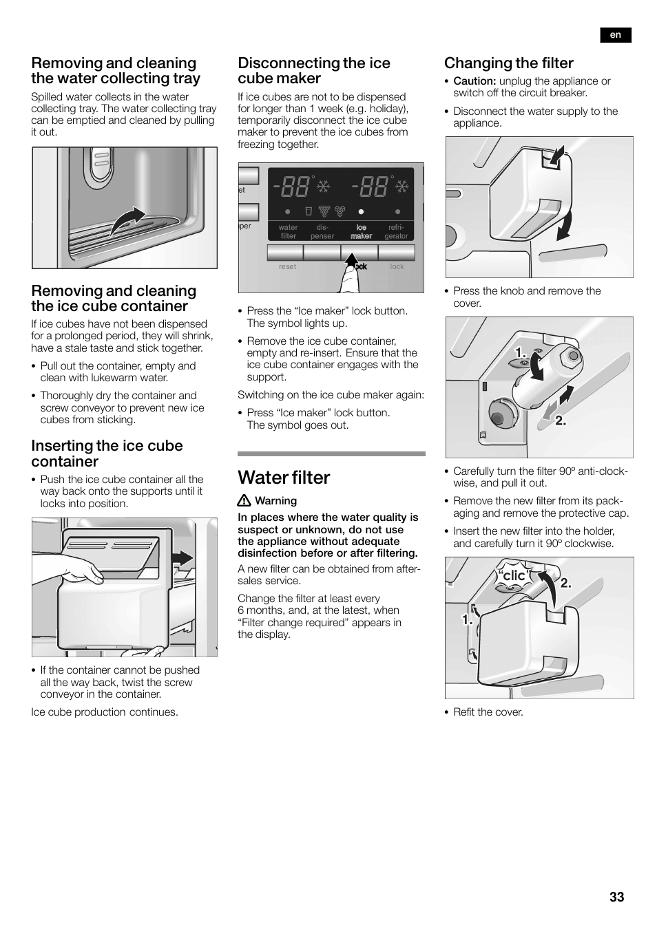 Water filter, Removing and cleaning the water collecting tray, Removing and cleaning the ice cube container | Inserting the ice cube container, Disconnecting the ice cube maker, Changing the filter | Siemens KA58NA45 User Manual | Page 33 / 263