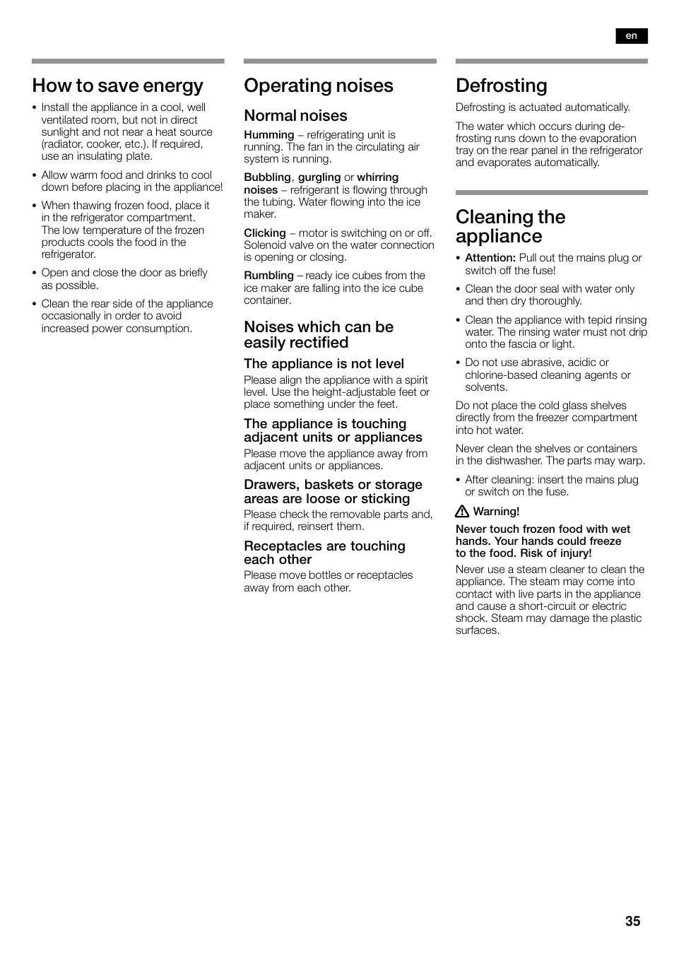 How to save energy, Operating noises, Defrosting | Cleaning the appliance, Normal noises, Noises which can be easily rectified | Siemens KA58NA45 User Manual | Page 35 / 263