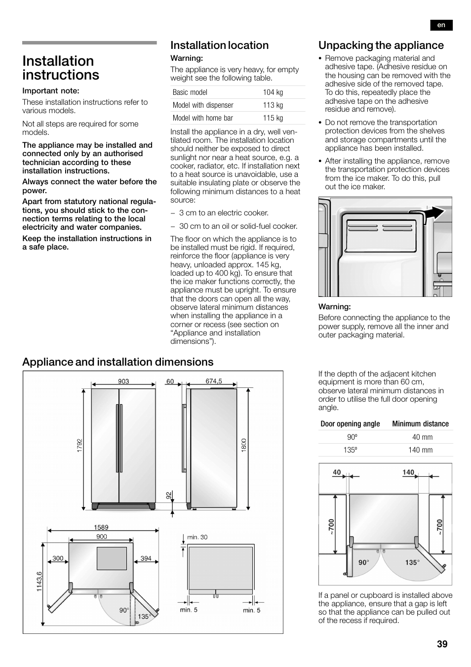 Installation instructions, Installation location, Unpacking the appliance | Appliance and installation dimensions | Siemens KA58NA45 User Manual | Page 39 / 263
