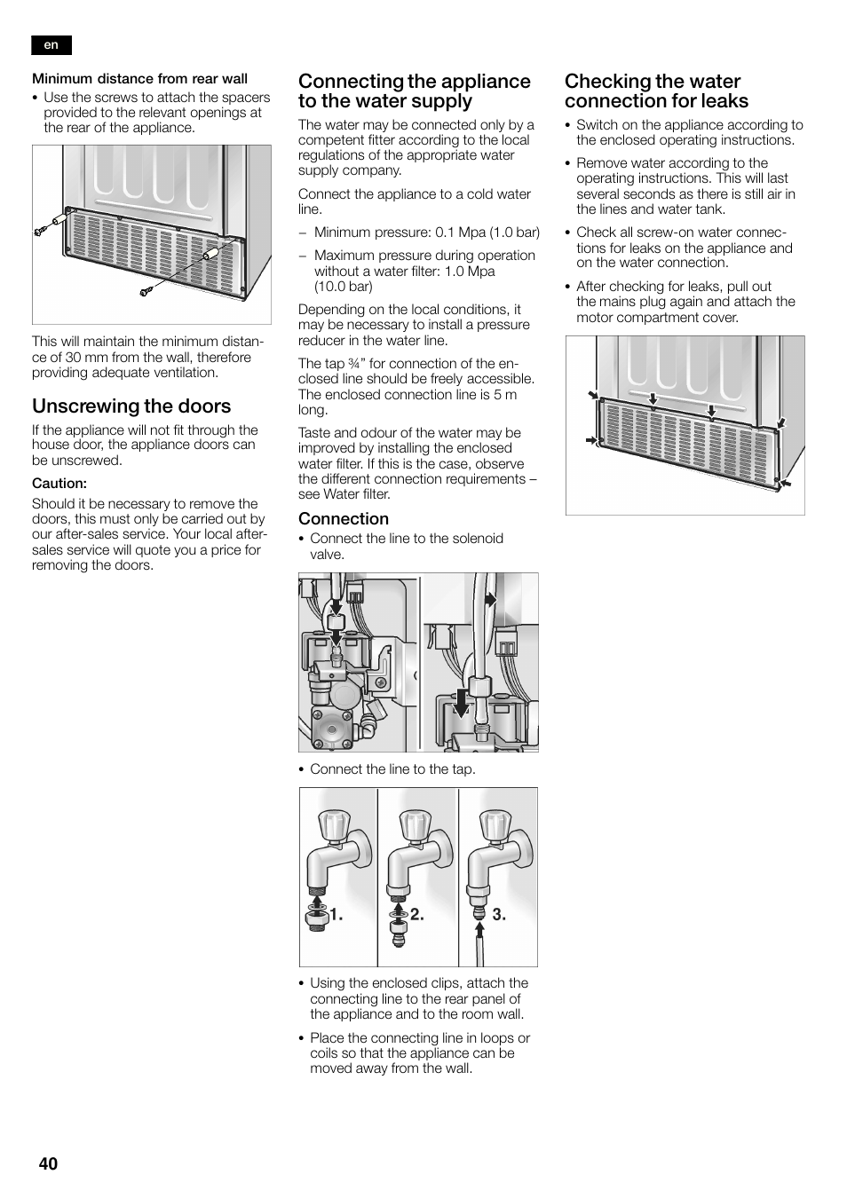 Unscrewing the doors, Connecting the appliance to the water supply, Checking the water connection for leaks | Siemens KA58NA45 User Manual | Page 40 / 263