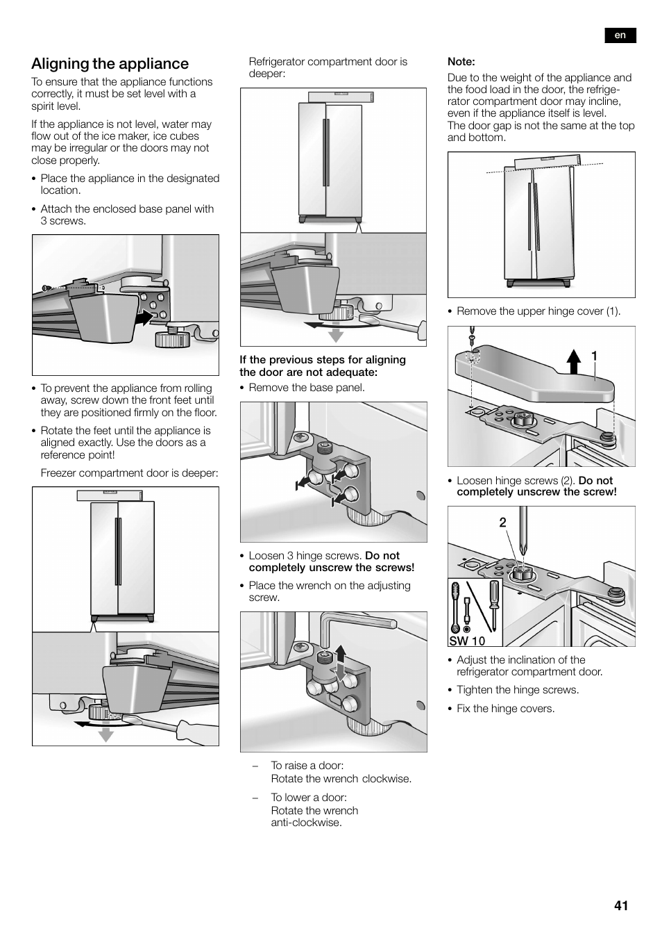 Aligning the appliance | Siemens KA58NA45 User Manual | Page 41 / 263