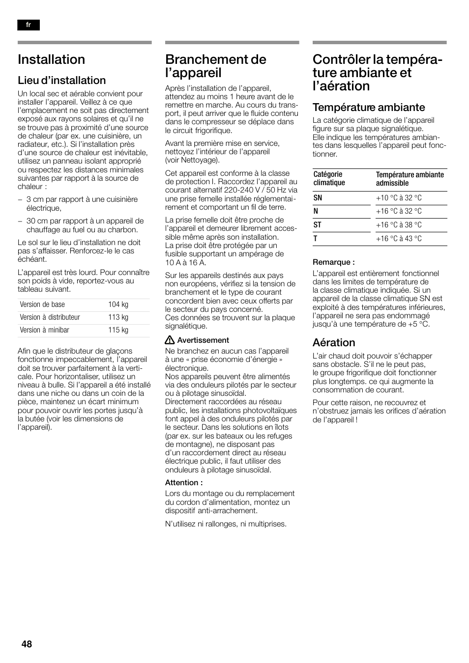 Installation, Branchement de l'appareil, Contrôler la tempérać ture ambiante et l'aération | Lieu d'installation, Température ambiante, Aération | Siemens KA58NA45 User Manual | Page 48 / 263