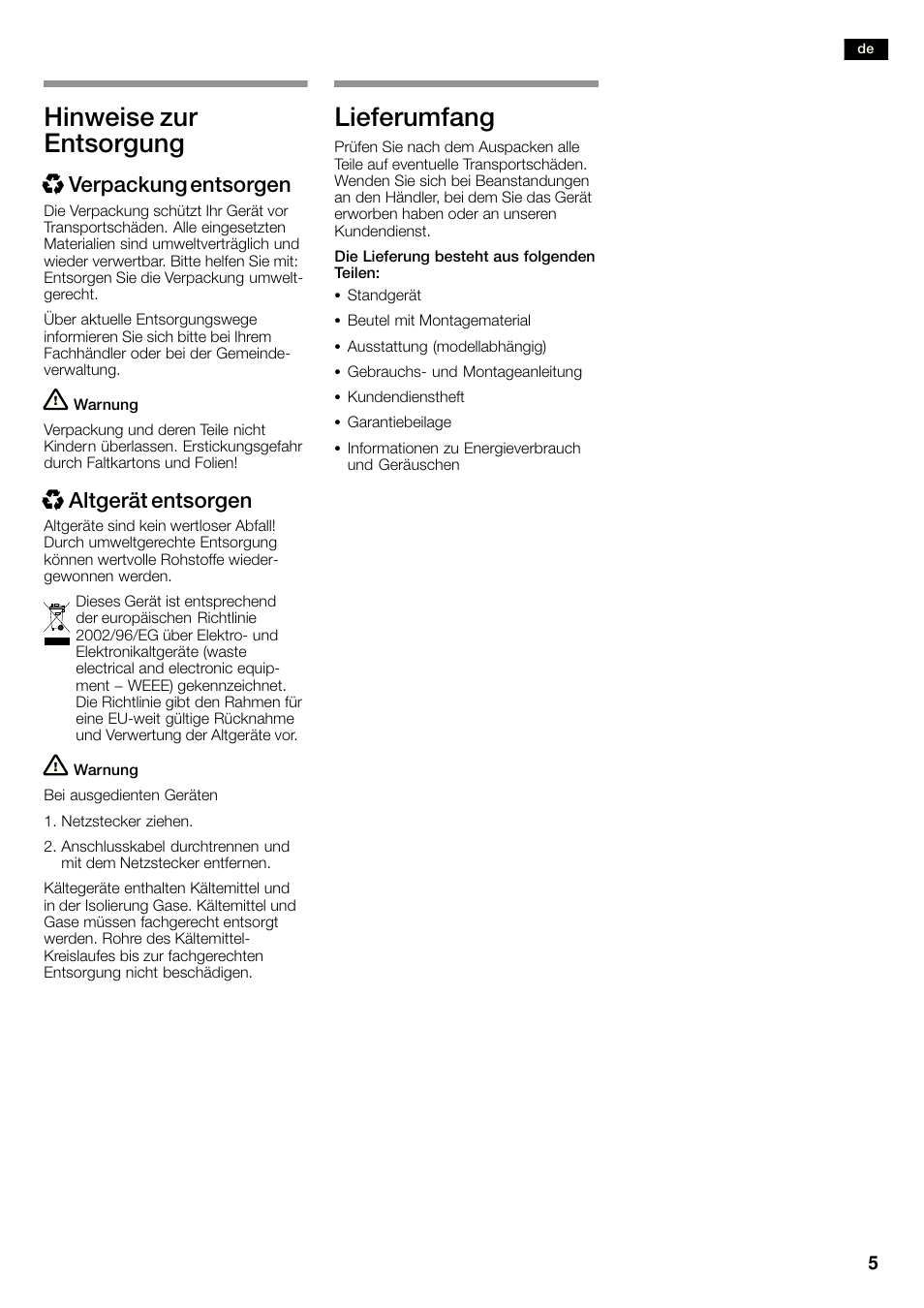 Hinweise zur entsorgung, Lieferumfang, Xverpackung entsorgen | Xaltgerät entsorgen | Siemens KA58NA45 User Manual | Page 5 / 263