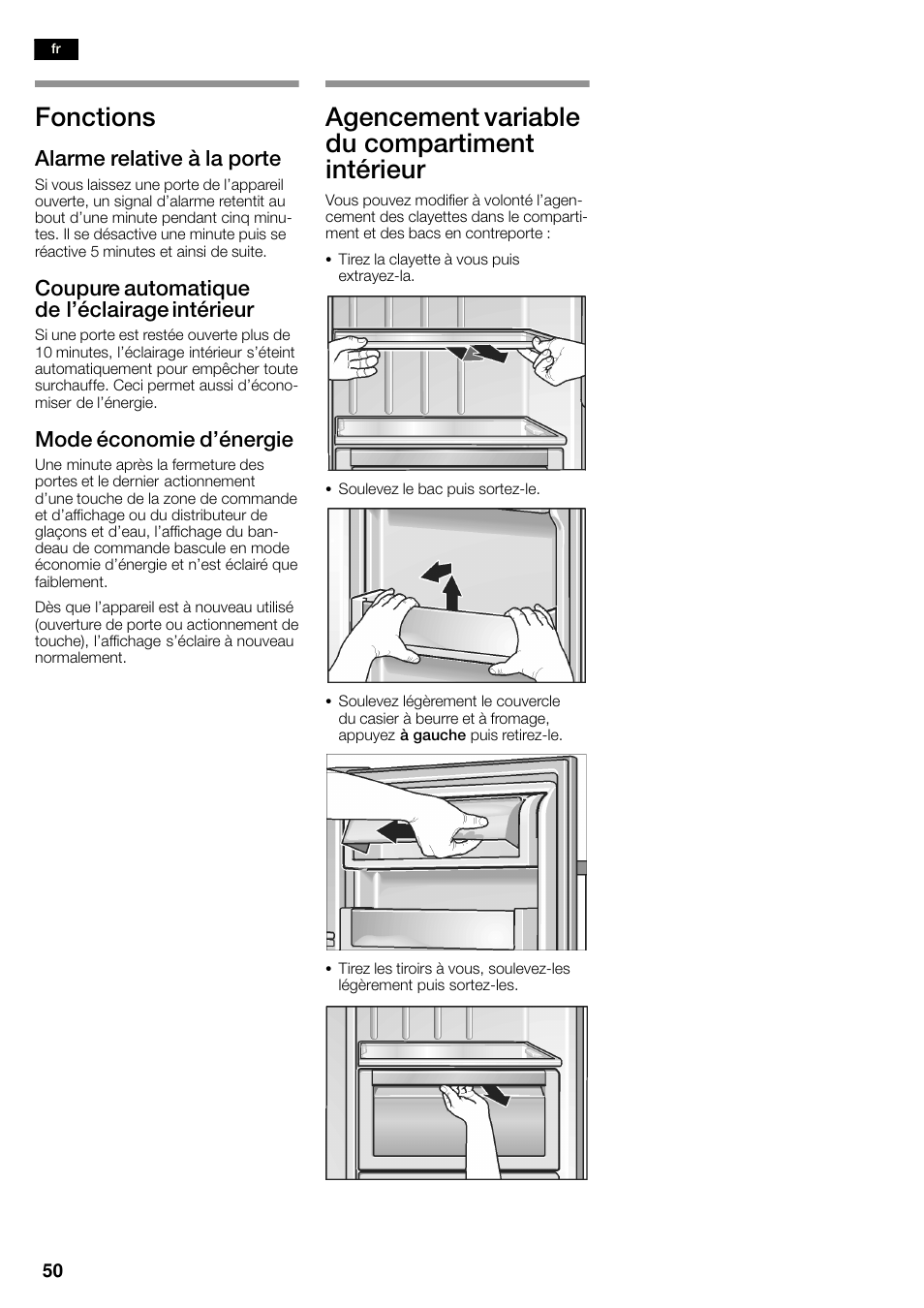 Fonctions, Agencement variable du compartiment intérieur, Alarme relative à la porte | Coupure automatique de l'éclairage intérieur, Mode économie d'énergie | Siemens KA58NA45 User Manual | Page 50 / 263
